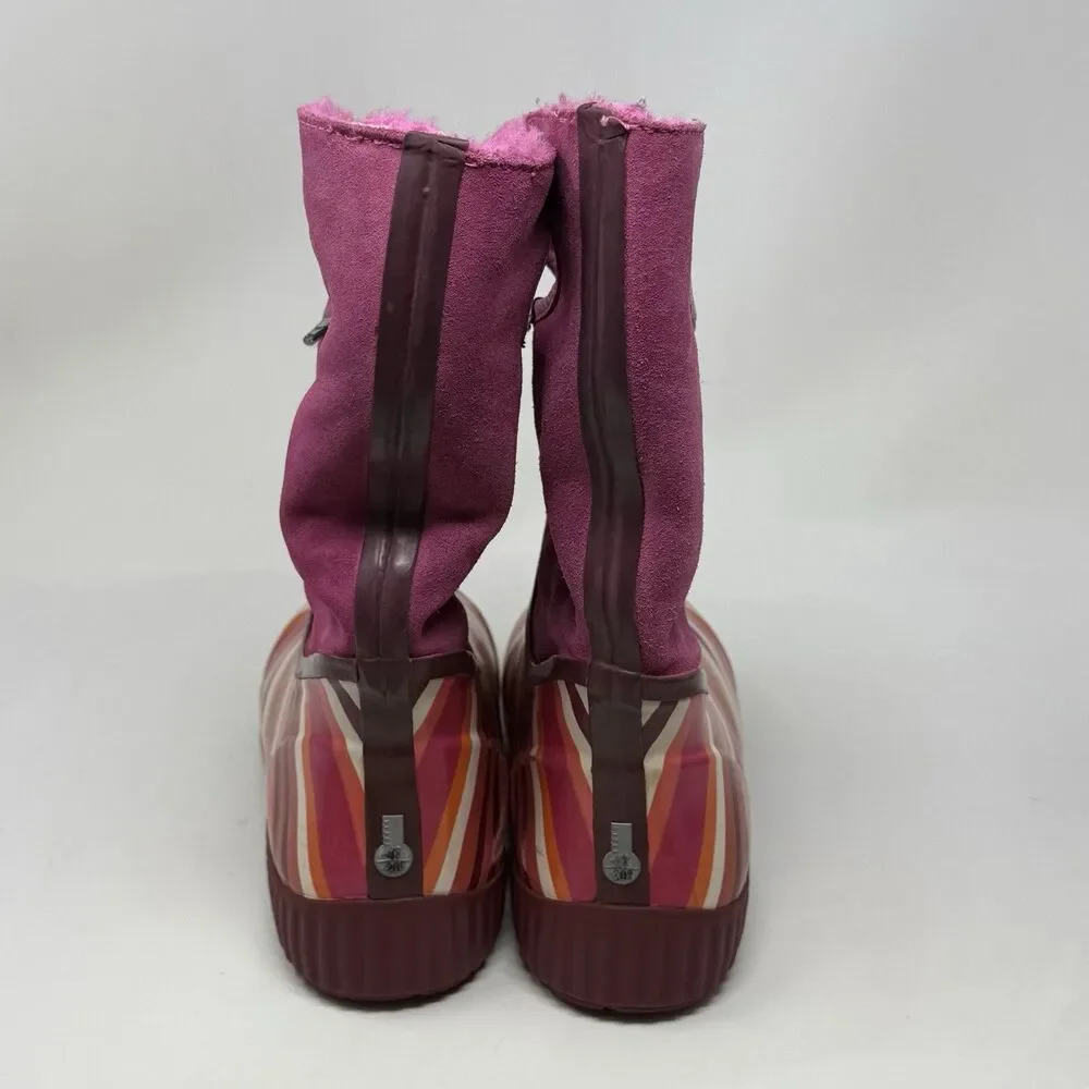 Bogs Prairie Stripe Boots Girls Size 2 Purple Suede Rubber Waterproof Faux Fur
